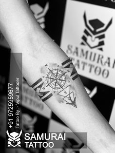 an arm with tattoos on it and the words samurai tattoo written in black ink above