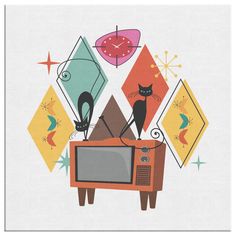 two black cats sitting on top of a tv set with an abstract clock in the background