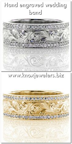 two wedding bands with diamonds on each side and the words, hand engraved wedding band