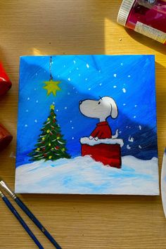 Christmas painting on canvas with Snoopy sitting by a decorated tree under a starry winter sky. Snoopy Christmas Painting, Stella Art, E Craft, Charming Christmas