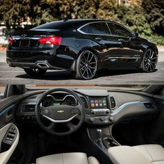 the inside and outside view of a black chevrolet camaro in two different photos, one is