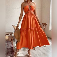 Great Condition Bought It For A Bachelorette Trip And Didn’t End Up Wearing It. Brand New! Beautiful Orange Color!! Dresses Shein, Bachelorette Trip, Shein Dress, Shein Dresses, Halter Neck, Color Orange, Orange Color, Strapless Dress, Maxi Dress