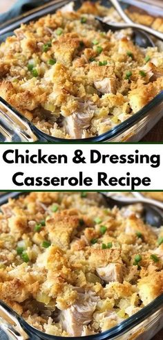 chicken and dressing casserole recipe is shown in two separate pans with the same topping