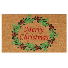 a merry christmas door mat with holly wreath