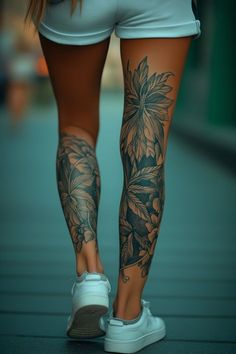 Hawaiian Leg Sleeve Tattoo, Hawaiian Leg Sleeve, Inside Leg Tattoos Women, Leg Tattoos Women Shin, Back Leg Tattoos Women Calves, Garden Leg Tattoo, Inside Leg Tattoo, Knee Cover Up Tattoo, Jungle Leg Sleeve