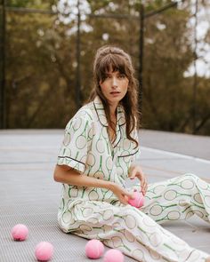 Tennis Time Pajama Pants Set Pajama Set Printed Pajamas Women, Playful White Pants For Loungewear, Wfh Loungewear, Bridal Pajamas, Cotton Pajamas Women, American Summer, Cotton Pajamas, Fabric Light, Embroidered Clothes