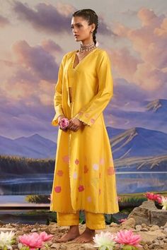 Yellow chanderi silk jacket with floral and zari embroidery. Comes with pant and a inner. - Aza Fashions Spring Anarkali Set With Long Sleeve And Resham Embroidery, Spring Anarkali Set With Resham Embroidery And Long Sleeves, Yellow Long Sleeve Anarkali Set For Spring, Spring Palazzo Set With Zari Work, Spring Sets With Zari Work And Long Sleeves, Spring Long Sleeve Sets With Zari Work, Spring Silk Embroidered Anarkali Set, Spring Embroidered Silk Anarkali Set, Spring Silk Kurta With Zari Work