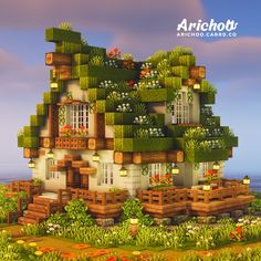 a house with lots of plants growing on the roof and windows is shown in an animated style