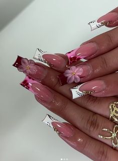 pink and white flower french tips<3 French Tip Nails With Hibiscus, White French Tip With Charms, French Tip With Charms, Nails With Hibiscus, Flower French Tips, Pink And White French Tip, Pink And White French, Pink Flower Nails, White French Tip