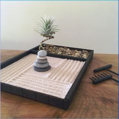 a bonsai tree in a black tray with rocks and sand on it next to a brush