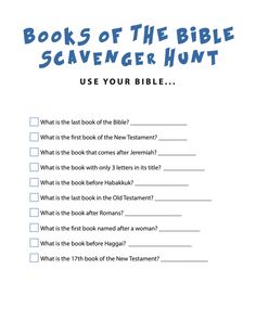 the book of the bible scavenger hunt is shown in this printable worksheet