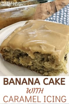 banana cake with caramel icing on a white plate next to a glass container