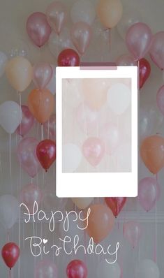 a birthday card with balloons floating in the air