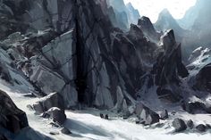 an artist's rendering of a mountain scene with people walking through the snow and rocks