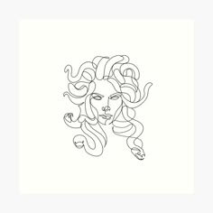 a line drawing of a woman's face with long hair and snakes on her head