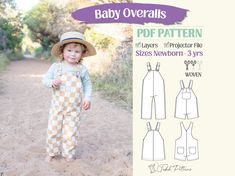 the baby overalls sewing pattern is available in sizes newborn - 3yrs and older