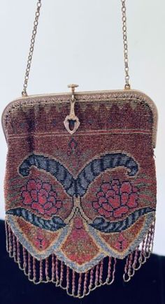 Antique French Art Nouveau Metallic Beaded Bag with Fringe XX538 | eBay Art Deco Beading, French Art Nouveau, Beaded Bag, Beaded Purses, 1920s Fashion, The Bag, French Art, French Antiques, Art Nouveau