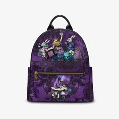 Alice in Wonderland cute purple back pack, custom printed with Alice and the White Rabbit surrounded by flowers, teapots, top hats and pocket watches.    For lovers of the Lewis Carroll classic this makes an awesome gift, printed in vibrant purples and turquoises.    This smaller sized back pack is great for carrying those everyday essentials with multiple compartments to keep you organised.  The handy side pockets can be used for water bottles, umbrellas or phones.  Store your valuables more se Themed Purple Travel Bags, Steampunk Boots, Small School Bags, Steampunk Festival, Gothic Boots, The White Rabbit, Cute Goth, Surrounded By Flowers, Purple Backpack