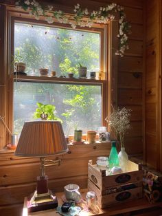 a lamp sitting on top of a table next to a window sill filled with plants