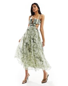 ASOS DESIGN corset detail cut out strappy midi skater dress in green vintage floral print | ASOS Formal Dresses Graduation, Dress In, Midi Skater Dress, 27 Dresses, Leggings Sale, Vintage Floral Print, Green Vintage, Print Trends, Long Sleeve Floral Dress