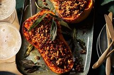 I'm loving this Waitrose recipe! Butternut Squash Sage, Fresh Pasta Sauce, Tahini Sauce Recipe, Dinner Recipes Ideas, Delicious Vegetarian Dinner, Vegetarian Dinner Recipes, Stuffed Squash, Deliciously Ella, Batter Recipe