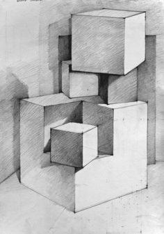 a pencil drawing of cubes stacked on top of each other in the middle of a room