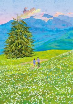 two people are walking through a field with mountains in the background and flowers all around them