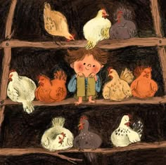 a drawing of a boy standing in front of chickens on a shelf with other chickens