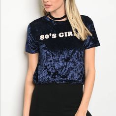 Short Sleeve Crushed Velvet Graphic Top With A Crew Neckline. There Is A Drawstring Cord To Tightend The Hem Of The Top For A Fitted Look. Navy Fabric Content: 100% Polyesterdescription: L: 18" B: 36" W: 36" Top Runs True To Size. Bin15 Fitted Grunge Blue Top, Blue Grunge Top For Fall, Grunge Short Sleeve Tops For Party, Grunge Short Sleeve Party Tops, Blue Grunge Tops For Spring, 90s Inspired Blue Tops For Spring, Blue 90s Inspired Tops For Spring, 80s Girl, Girls Crop Tops