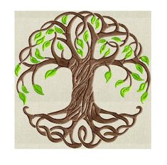 a tree with green leaves is shown in the shape of a cross - stitch pattern