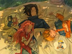 an image of two people sleeping in bed with anime characters on the sheets behind them