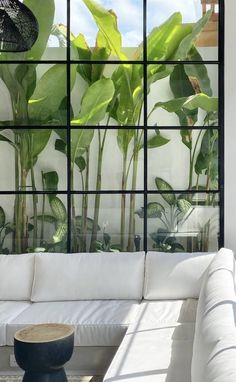 a white couch sitting in front of a window filled with green plant life next to a wooden table