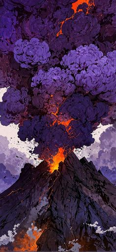 an artistic painting of a volcano with lava pouring out of it's top and clouds in the background