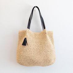 Elena Handbags Straw Woven Tote with Leather Straps and Tassel Everyday Shoulder Bag, Woven Tote Bag, Summer Bag, Designer Style, Beach Bag, Classic Looks, Leather Straps, Tassels, Straw