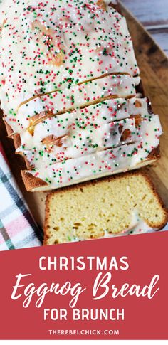 christmas eggnog bread for brunch with white frosting and sprinkles