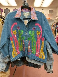 Funky Jacket Outfit, Vintage Style Inspiration, Cat Lady Aesthetic Outfit, Vintage Cat Sweater, 80s Jacket Outfit, Jean Jacket Aesthetic, Weird Sweaters, Weird Fashion Aesthetic, Jacket Sketch