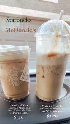 two starbucks drinks sitting on top of a table next to each other, with the caption starbucks's mcdonald's