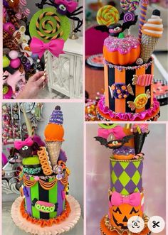 there are many different cakes decorated with candy and candies on the top one is for halloween