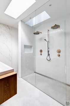 a walk in shower sitting next to a white sink and wooden counter top under a skylight