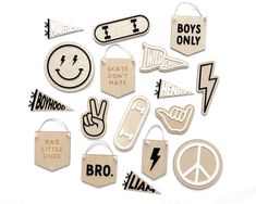 various wooden badges and stickers on a white background