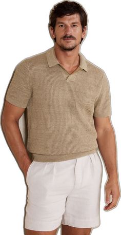 Classic Textured Knit Polo Sweater For Summer, Textured Knit Cotton Polo Shirt For Summer, Summer Cotton Textured Knit Polo Shirt, Summer Textured Knit Cotton Polo Shirt, Summer Knit Polo Sweater With Ribbed Collar, Summer Knit Polo Sweater With Polo Collar, Summer Knit Polo Shirt With Ribbed Collar, Casual Beige Short Sleeve Polo Sweater, Beige Short Sleeve Casual Polo Sweater