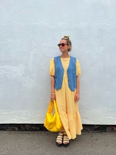 Waistcoat Dress Outfit, Summer Waistcoat Outfit, Waistcoat Over Dress, Scandi Summer Fashion, Womens Spring Outfits 2024, Denim Waistcoat Outfit, Waistcoat Styling, Denim Waistcoat Outfit Woman, Colorful Outfits Summer