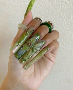 #summer #summernails #acrylic #longnails Xl Long Acrylic Nails Green, Green Garden Nails Design, Moss Nails Acrylic, Earthy Nail Art, Mother Nature Nails, Yellow Junk Nails, Cute Green Acrylic Nails, Chakra Nails, Nature Inspired Nails