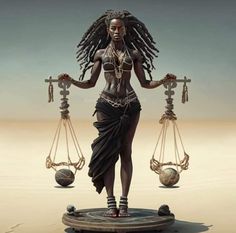 a woman with dreadlocks holding two balance scales