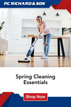 a woman is cleaning the floor with a vacuum and mop in front of her, text reads spring cleaning essentials shop now