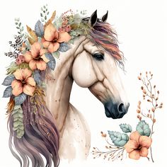 a watercolor painting of a horse with flowers on its head