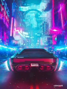 the back end of a car on a city street with neon lights in the background