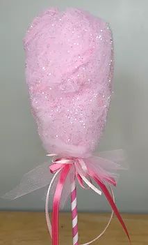 a pink candy lollipop wrapped in pink and white yarn with a bow on top