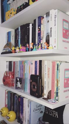 the shelves are filled with books and toys