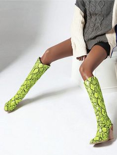 Experience the ultimate combination of style and comfort with Wild West Wonders: Green Snakeskin Print Knee-High Cowboy Boots for Women. These boots feature a unique snakeskin print design and a knee-high length perfect for any fashion-forward cowgirl. Crafted with high-quality materials, these boots will keep your feet protected and looking stylish all day long. Color : Green Closure Type : Side zipper Insole Material : Fabric Lining Material : Fabric Outsole Material : PU Leather Upper Material : PU Leather Fitted Snake Print Boots For Spring, Fitted Snake Print Spring Boots, Trendy Snake Print Boots For Spring, Knee High Cowboy Boots, Cowboy Boots For Women, Chunky Heeled Boots, Open Toe High Heels, Stiletto Boots, Summer Chic